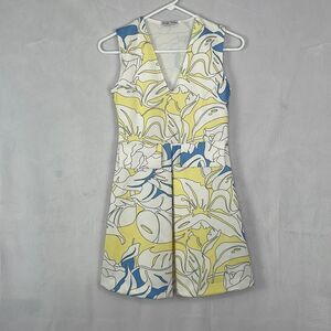Zara White Yellow and Blue Printed Sleeveless Retro Mini Dress. Size Small.